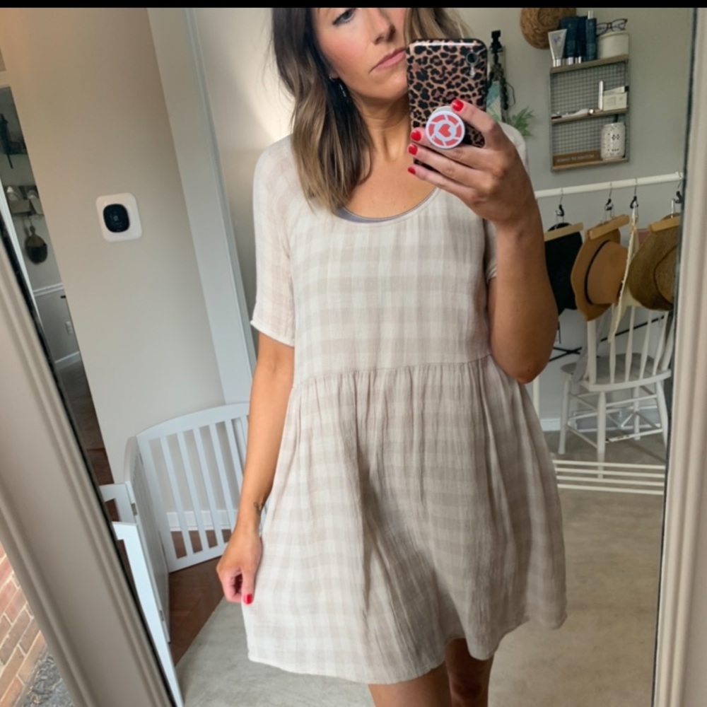 Easel | cream & tan checkered babydoll dress S